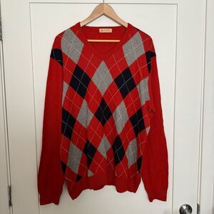 J Crew Sweater Mens Sz XL Red Argyle V Neck Long Sleeve Cotton Cashmere Preppy